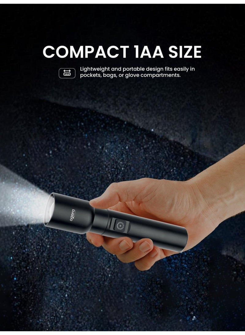 أوجيرا كشاف LED قابل لإعادة الشحن | كشاف صغير ببطارية 1AA | فائق السطوع ومحمول | طويل العمر | مقاوم للماء | كشاف جيب للطوارئ والاستخدام الخارجي | ضمان سنتين | OG1011SL | أسود - Image 3